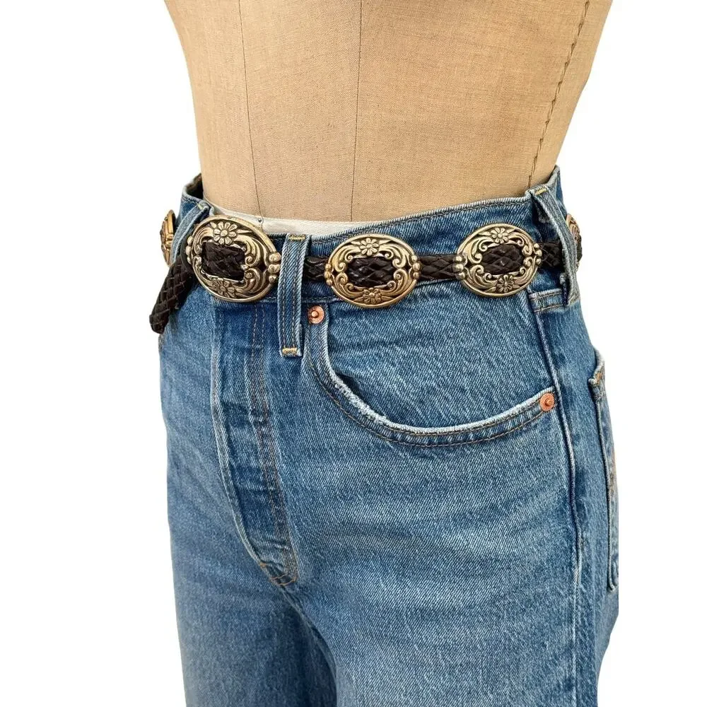 Vintage Conch Belt Braided Leather Black Silver Southwestern 33